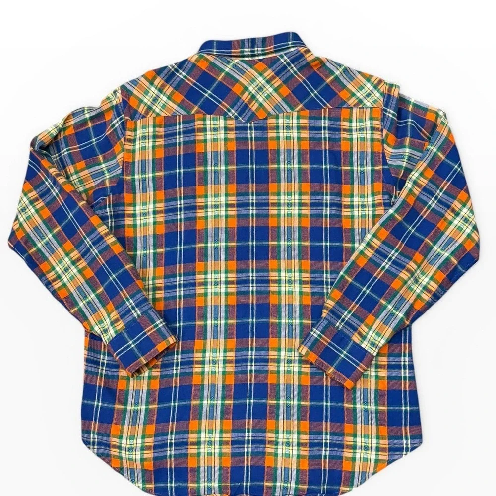 Polo Ralph Lauren‎ Mens Blue Orange Plaid Flannel Pearl Snap Western Shirt Large